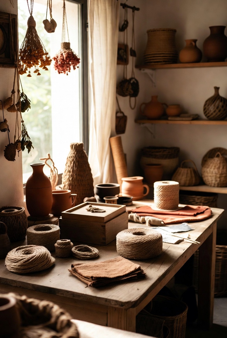 Artisan studio workspace with handmade décor materials