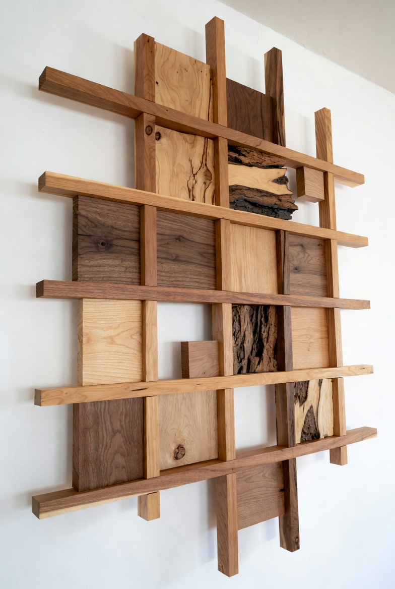 Geometric wooden wall sculpture with natural grain